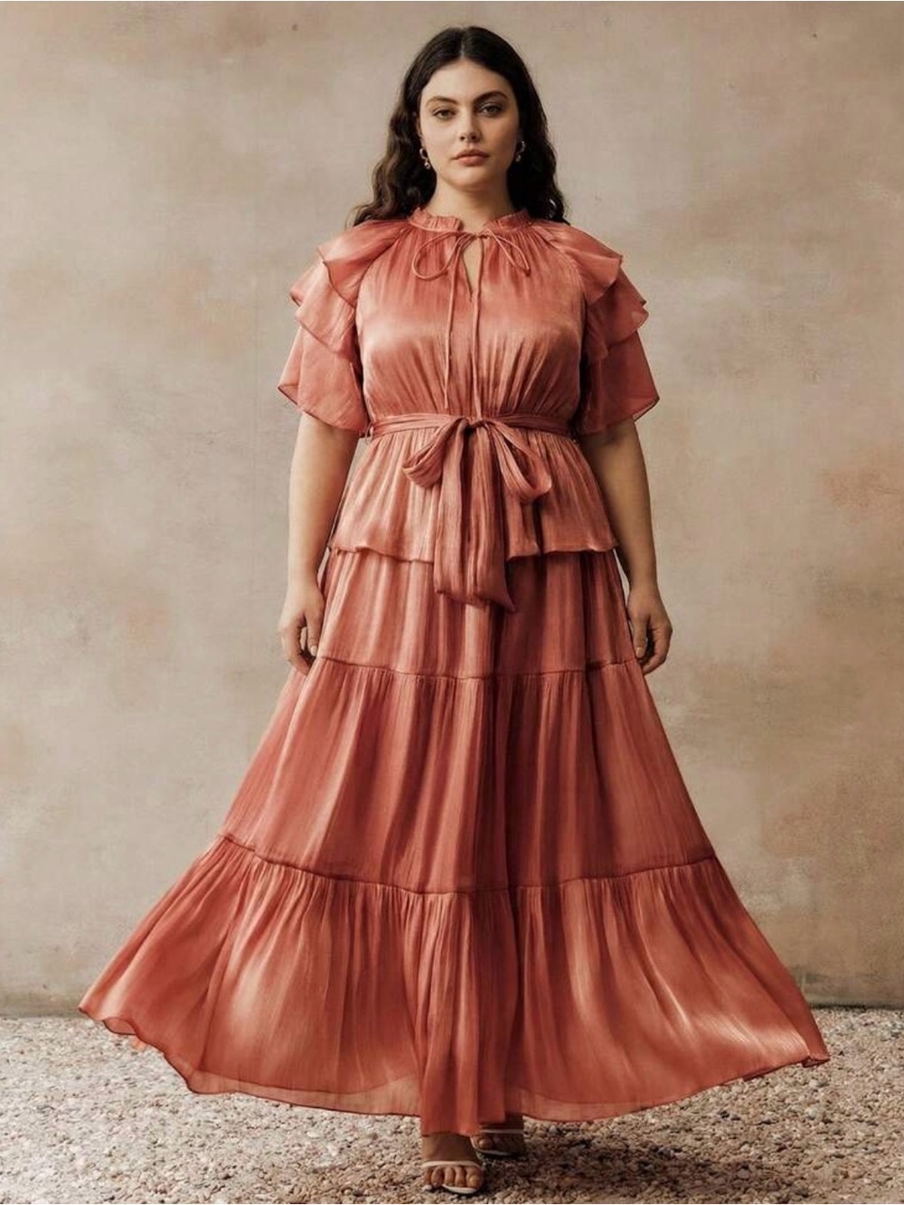Ruffled Tie-Waist Maxi Dress in Dusty Rose